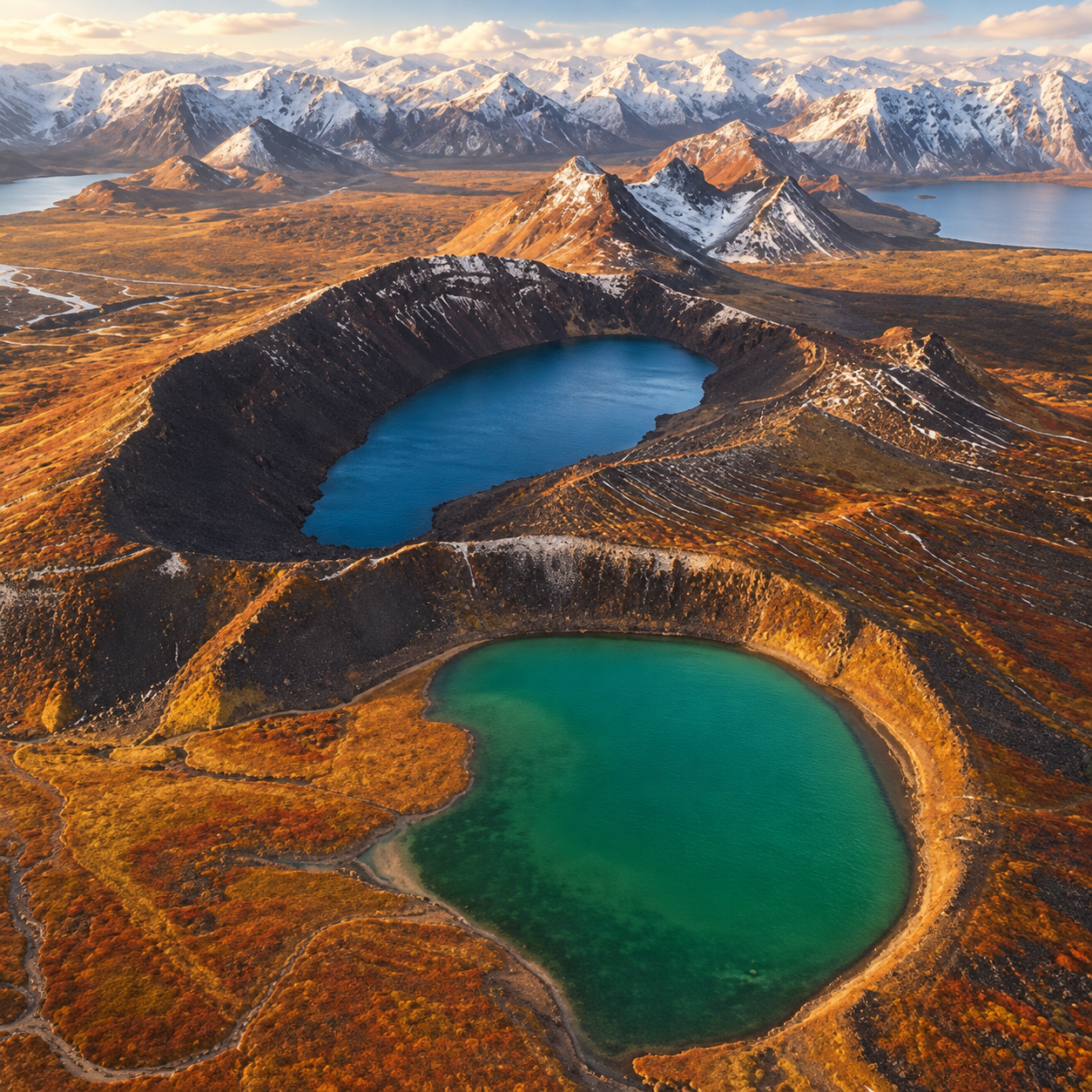 Blue and green lakes surrounded by steep rocky slopes in the Ikh Bogd mountains. — AI-generated autumn illustration