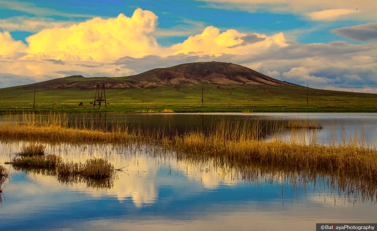A rounded hill beyond grassland and a reed-fringed pool in the user-supplied photograph.