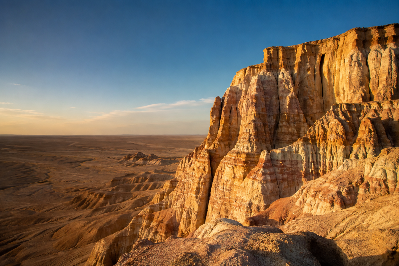 Tsagaan Suvarga sedimentary cliffs above the open Dundgovi steppe at golden hour.